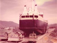 MV Straitsman being dragged to Slipway 1971